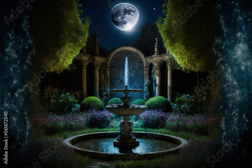 Lush Secret Garden with Fountain at Night with Full Moon