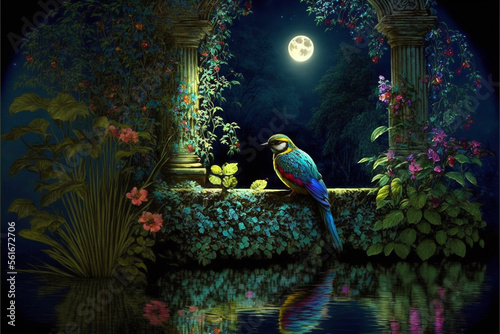 Lush Secret Garden with Water, Pond, River, Full Moon, Bird at Night © Kelly Cree