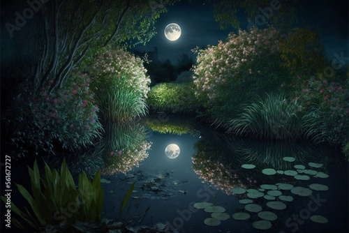 Lush Secret Garden with Water, Pond, River, Full Moon at Night © Kelly Cree