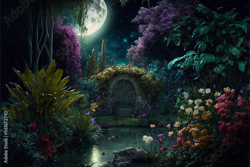 Lush Secret Garden with Water  Pond  River  Full Moon at Night