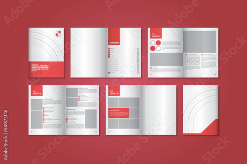 Multi-page design template layout with red theme color and has 8 pages. Template layout of book, annual report, proposal, magazine and brochure.