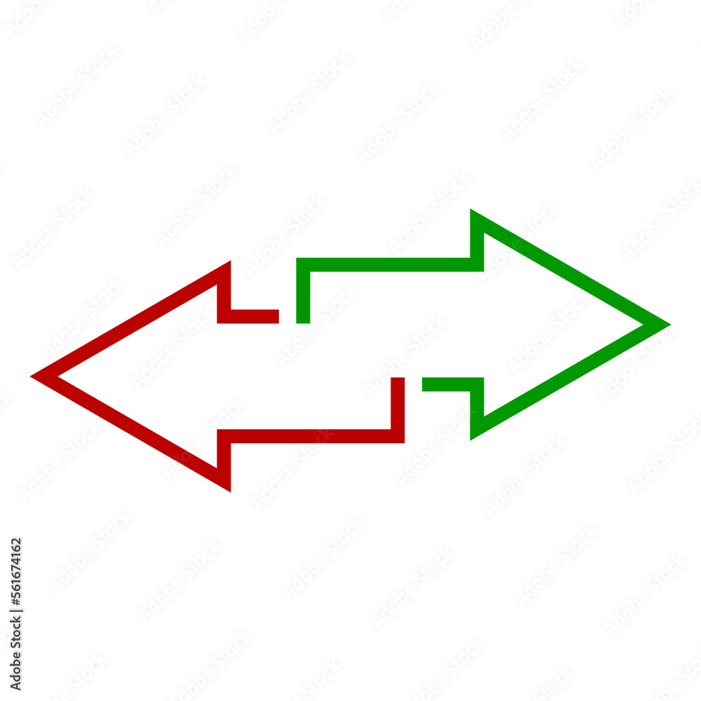 Flat green red arrows outline. Arrows right left. Vector illustration. Flat green red arrows outline. Arrows right left. Vector illustration.