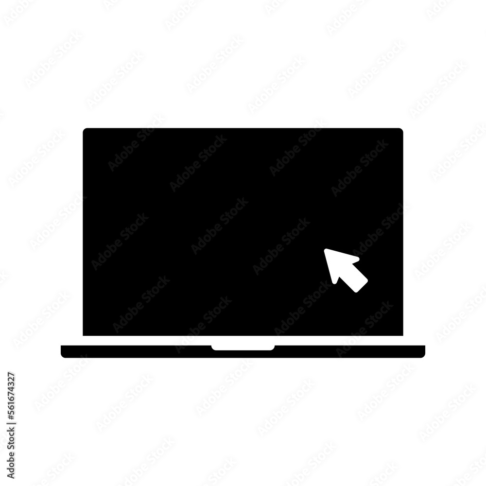 Laptop with pointer or cursor icon isolated. Notebook screen template. Display with clicking mouse on white background. Laptop with pointer or cursor icon isolated. Notebook screen template. Display with clicking mouse on white background.