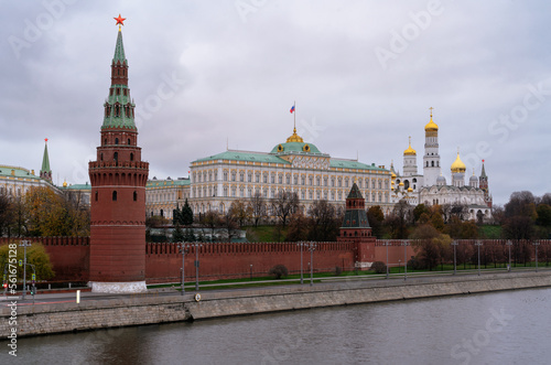 The Grand Kremlin Palace, the Blagoveshchenskaya and Vodovzvodnaya Towers of the Kremlin Wall and the ensemble of the Kremlin Cathedral Square from the embankment of the Moskva River, Moscow, Russia