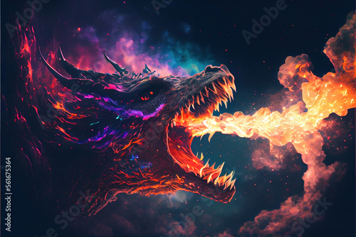 scary dragon spitting fire in the middle of the night