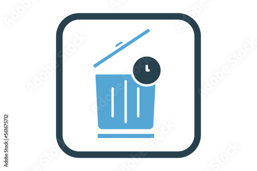 Trash can icon illustration with clock. suitable for waste of time icon. solid icon style. Simple vector design editable