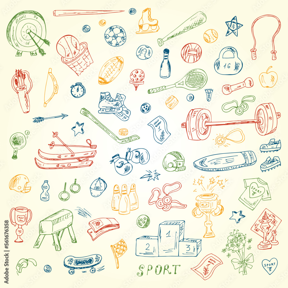 Sports. Vector Set of sports equipment. Hand Drawn Doodles Vector illustration. Sports. Vector Set of sports equipment. Hand Drawn Doodles Vector illustration.