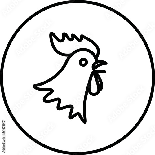 Rooster head black and white line icon vector illustration in a circle, for web use for farm, alarm, morning.