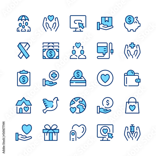 Charity line icons. Blue color. Vector line icons set