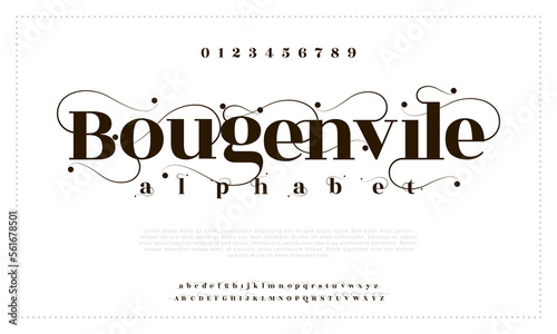 Bougenvile alphabet luxury with tail. Elegant vintage for wedding, invitation, logo, music, fashion photo