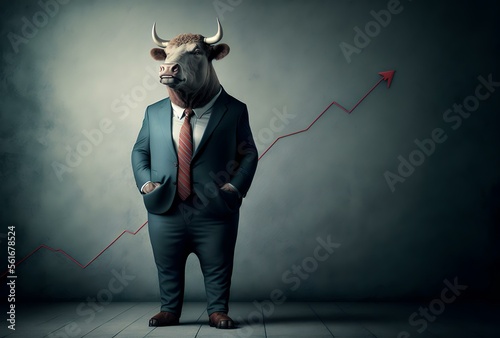 ox wearing a suit, standing in front of a chart showing a steady upward trend, representing the success and growth of a business leader, especially a bullish trend in the stock markets (AI Generated)