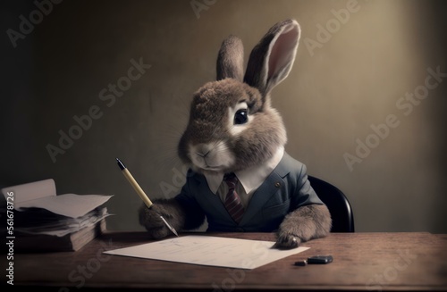 rabbit wearing a suit, sitting at a desk with papers and a pen, symbolising the work and dedication required for business success (AI Generated)