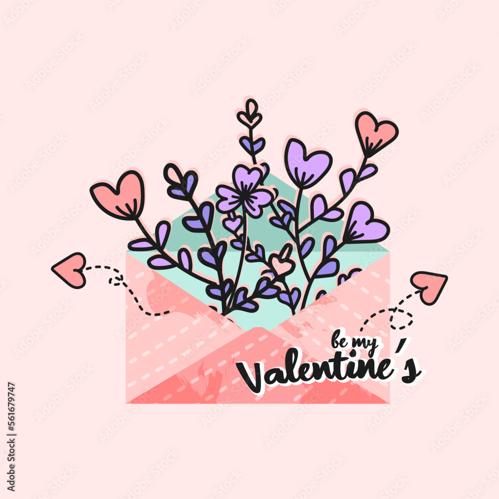 Valentine greeting with illustration of letters and flowers. Vector Illustration