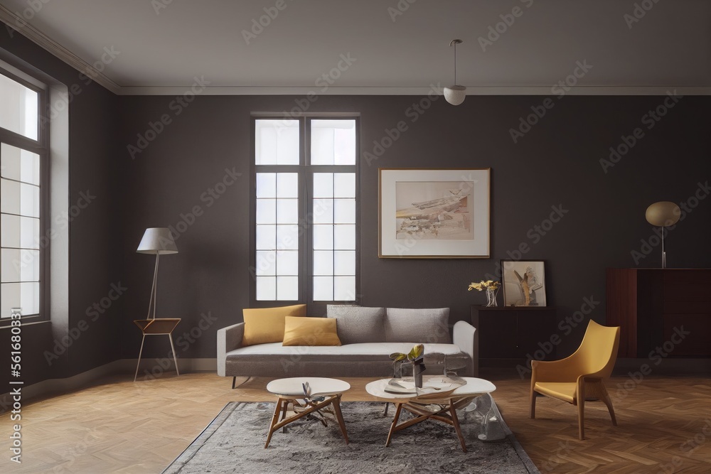 Cozy mid century modern living room interior with staged furniture and ...