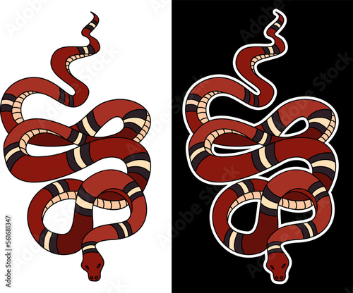 red snake vector.Lampropeltis triangulum vector.Sticker and hand drawn snake for tattoo.Red snake Reptile on white background. photo