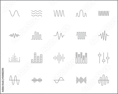 Simple Set of sound wave Related Vector Line Icons.
Vector collection of vibration, signal, analog, sound, audio, graph, equalizer, music and design elements symbols or logo element.
