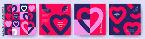 Happy Valentines Day cards, posters, covers set. Abstract minimal templates in modern geometric style with hearts pattern for celebration, decoration, branding, packaging, web and social media banners © Tanya
