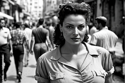 young woman walking in Tel Aviv in 1950. monochromatic vintage. This image was created with generative AI,