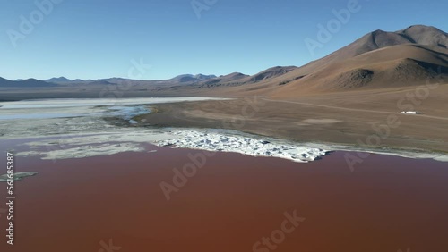 Laguna Colorada Bolivia, Red Lake Lagoon, Aerial Above Unpolluted Mother Earth Scenic Wetland, Cinematic Natural Wonder photo