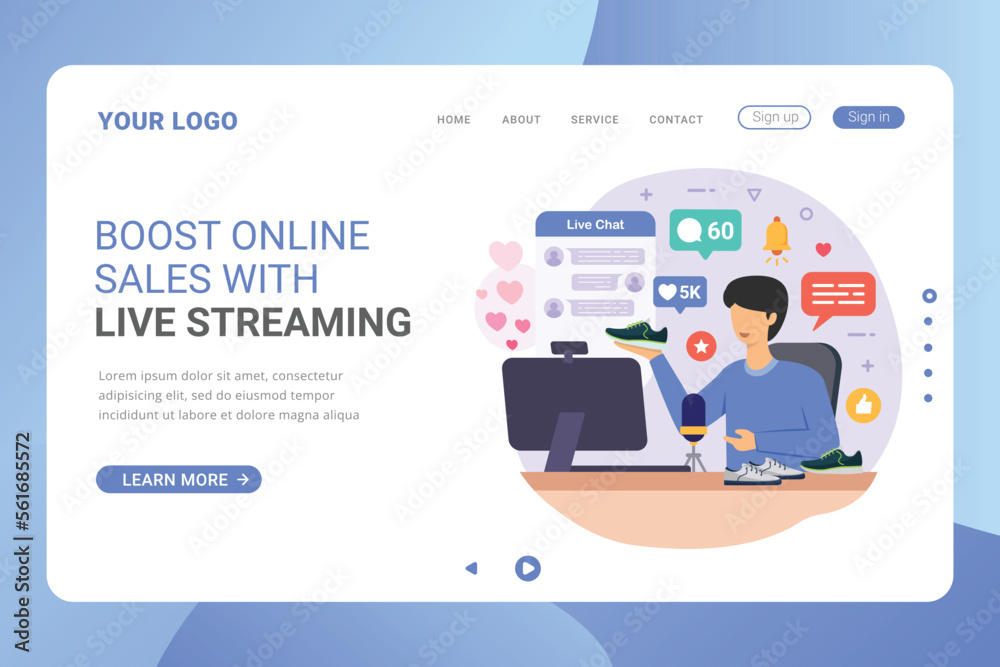 Selling product on live stream landing page template. Woman review or selling her product through live streaming