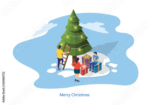 Decorating christmas tree cartoon style. Christmas gifts decorations and garlands. Merry Christmas and Happy New Year Concept. Flat Isometric Vector Illustration.
