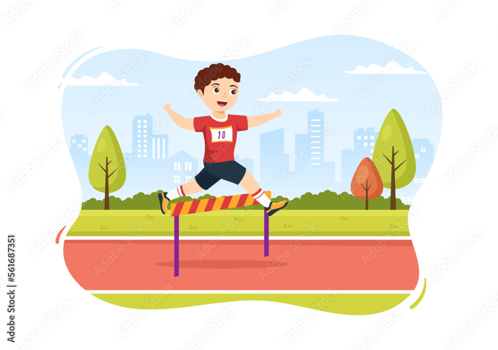 Kids Athlete Run Hurdle Long Jump Sportsman Game Illustration in Obstacle Running for Web Banner or Landing Page in Cartoon Hand Drawn Templates