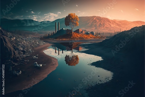 Pollution and Contamination Against Nature and Planet Sustainability, Showing the Damage That Cities causes to Earth with Garbage, Residual, Toxic Trash, Killing Grass, Trees, and Animals Around it