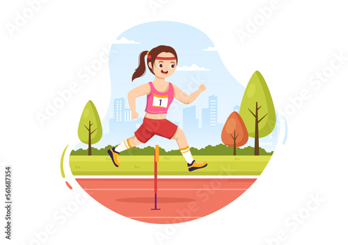 Kids Athlete Run Hurdle Long Jump Sportsman Game Illustration in Obstacle Running for Web Banner or Landing Page in Cartoon Hand Drawn Templates