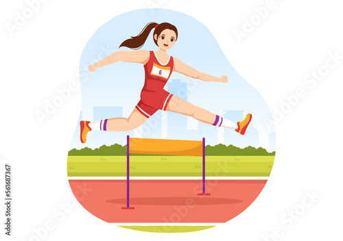 Athlete Run Hurdle Long Jump Sportsman Game Illustration in Obstacle Running for Web Banner or Landing Page in Flat Cartoon Hand Drawn Templates