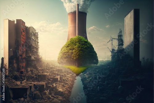 Pollution and Contamination Against Nature and Planet Sustainability, Showing the Damage That Cities causes to Earth with Garbage, Residual, Toxic Trash, Killing Grass, Trees, and Animals Around it #561687368