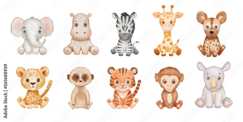 Cute baby watercolor african animals isolated on white background . Safari Animal elephant, cheetah and monkey sitting. Hand drawn illustration for kids. - obrazy, fototapety, plakaty 