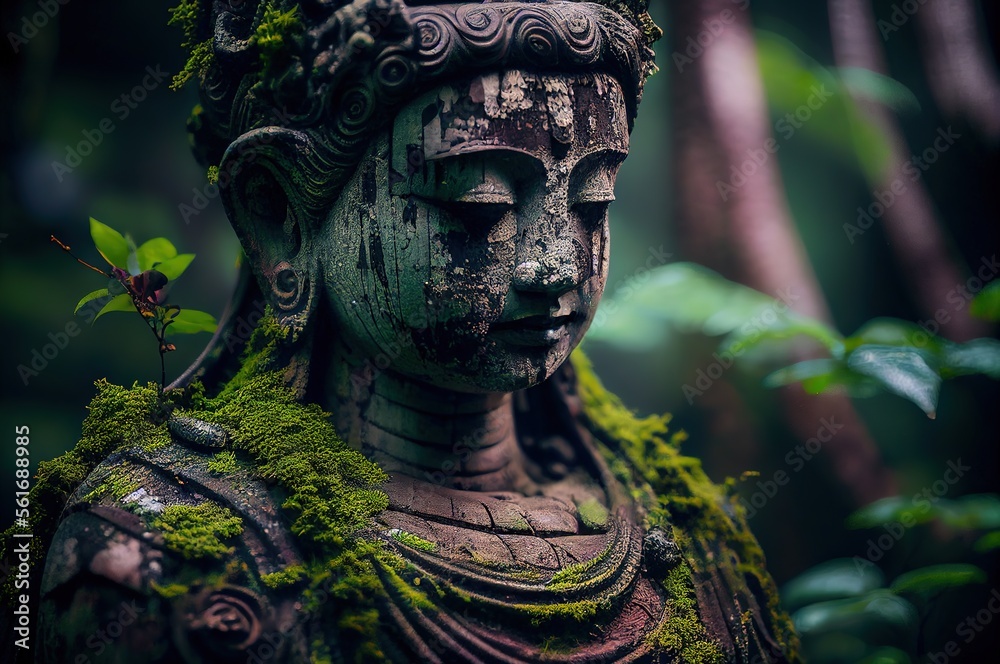 ancient buddha sculpture in the green forest, wallpaper, photo-realistic illustration of buddha statue, generative AI - obrazy, fototapety, plakaty 