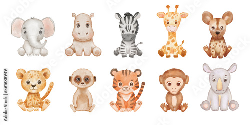 Photo Cute baby watercolor african animals isolated on white background