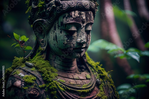 ancient buddha sculpture in the green forest, wallpaper, photo-realistic illustration of buddha statue, generative AI