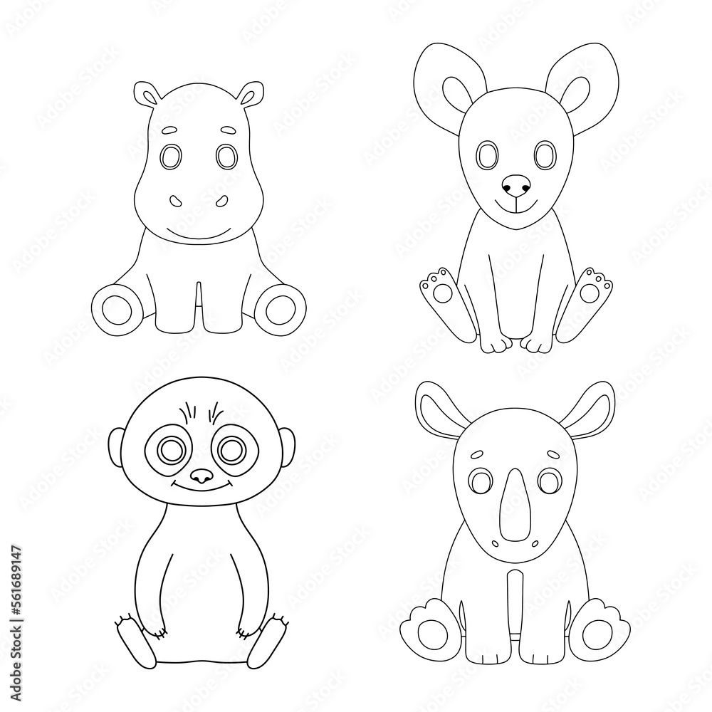 Obraz premium Cute baby hippo, suricata and rhino isolated on white background . Animal of Africa. Hand drawn outline illustration for coloring book.