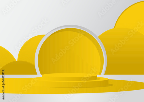 Vector 3D room, cylinder pedestal podium. Yellow and white abstract mockup product display. Stage showcase for product presentation. Futuristic minimal geometric forms, empty scene.