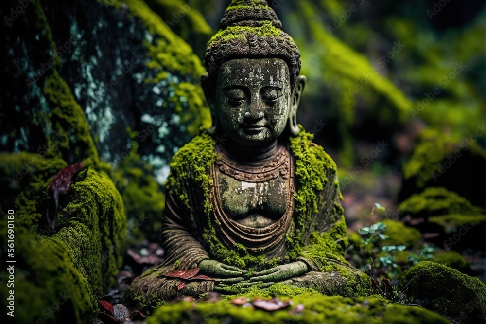 ancient buddha sculpture in the green rain forest, photo-realistic illustration of buddha statue, generative AI ancient buddha sculpture in the green rain forest, photo-realistic illustration of buddha statue, generative AI