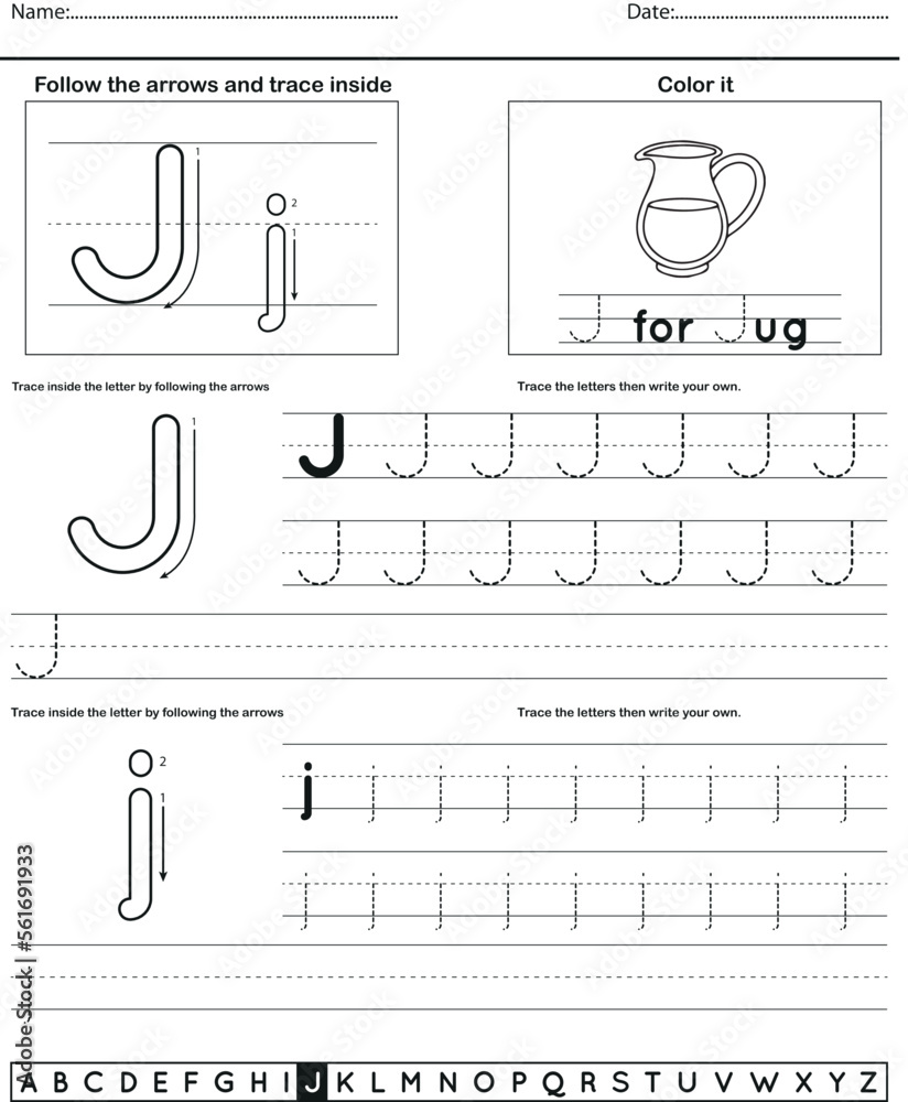 Alphabet tracing worksheet with letter and vocabulary J Stock Vector