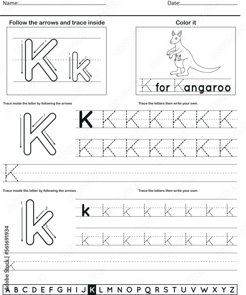 Alphabet tracing worksheet with letter and vocabulary K
Alphabet tracing worksheet with letter and vocabulary K