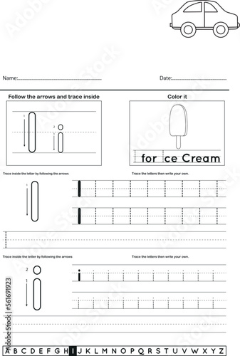 	
Alphabet tracing worksheet with letter and vocabulary I