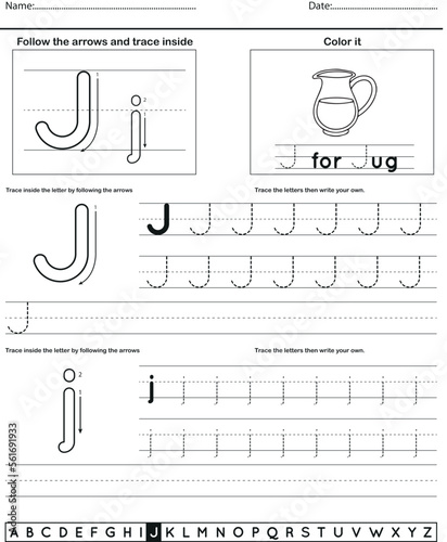 	
Alphabet tracing worksheet with letter and vocabulary J