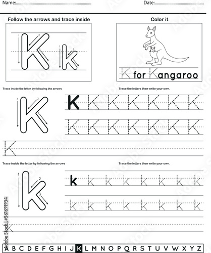 	
Alphabet tracing worksheet with letter and vocabulary K
