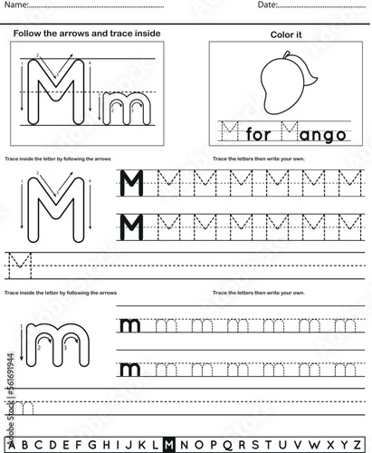 	
Alphabet tracing worksheet with letter and vocabulary M