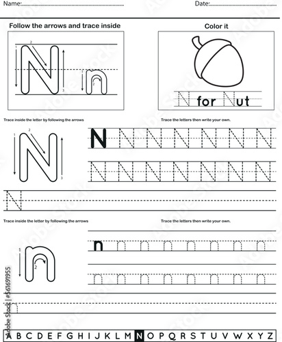 	
Alphabet tracing worksheet with letter and vocabulary N
