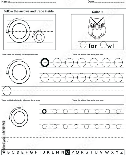 	
Alphabet tracing worksheet with letter and vocabulary O