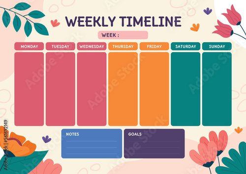 Weekly Timeline Planner of Business Project or Student Schedule with Floral Theme