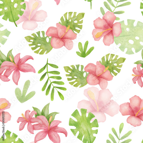 Watercolor tropical seamless pattern with pink hibiscus and leaves on white. Summer floral print