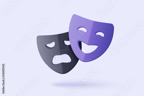 3d theatre masks for tragedy, drama and comedy. cinema movie ticket icon, ready for watch movie in theatre. Media film for entertainment service. 3d cinema icon vector render illustration