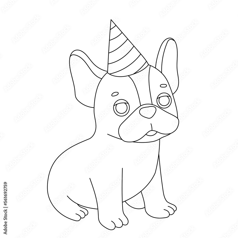 Outline cartoon funny french dog for coloring book. Cute puppy with festive hat for birthday cards.