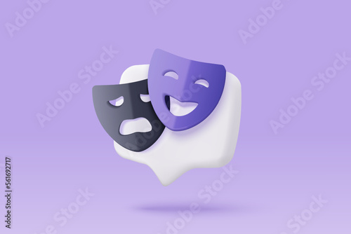 3d theatre masks for tragedy, drama and comedy. cinema movie ticket icon, ready for watch movie in theatre. Media film for entertainment service. 3d cinema icon vector render illustration